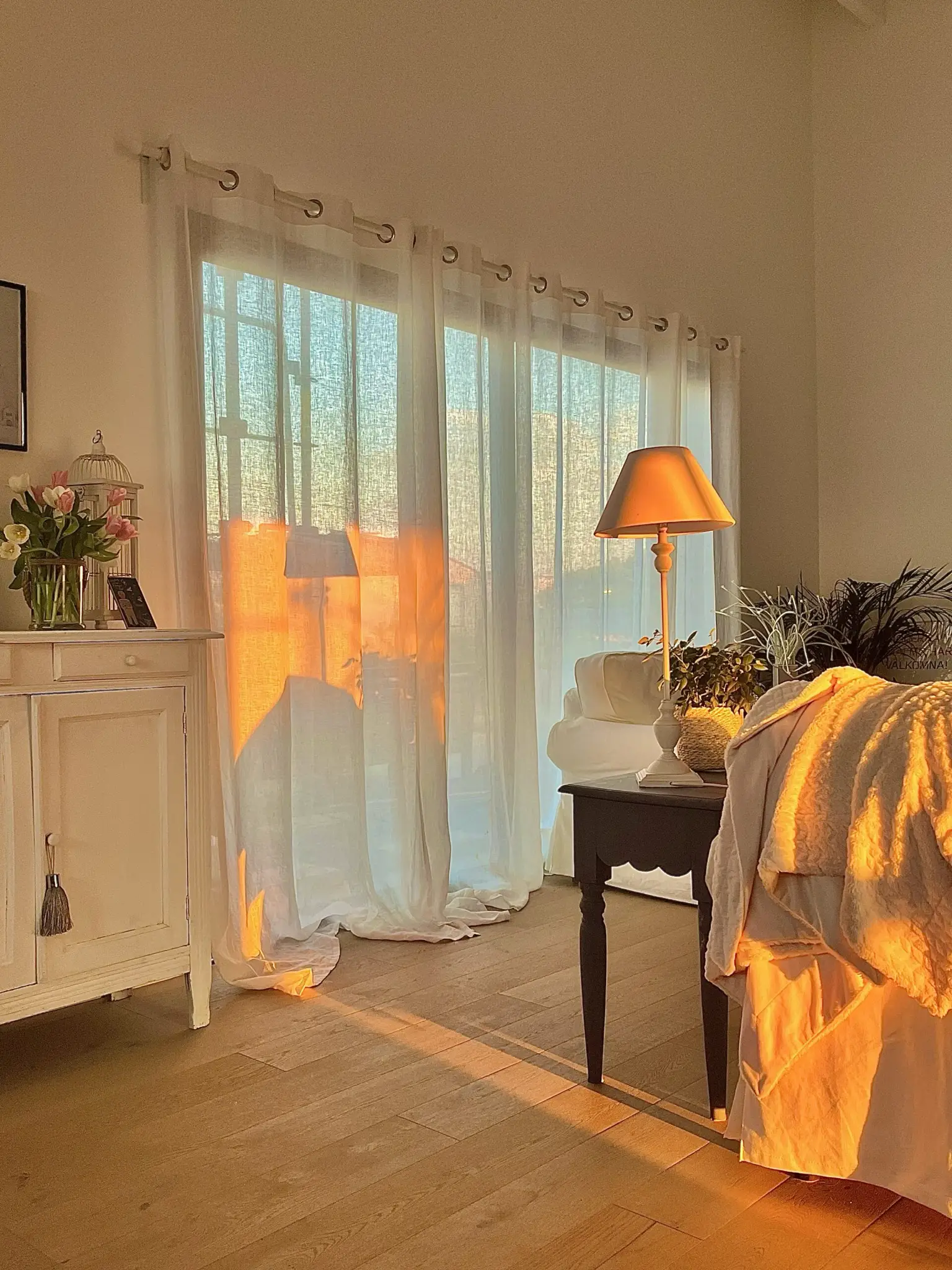 Salon baigné de lumière dorée avec rideaux en lin.